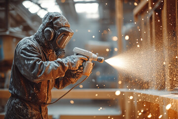 Worker using spray paint equipment in industrial workshop, showcasing skill and safety measures in action