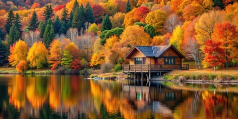 Fototapeta premium Charming wooden cottage perched on a hill overlooking a tranquil lake with surrounding trees displaying brilliant autumn colors, woodland, autumn village