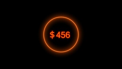 Dollar icon neon bright from $456 orange color illustration. Black background circle orange color frem 4k illustration.