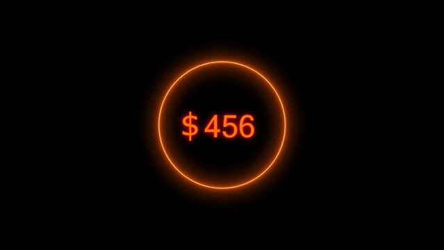 Dollar icon neon bright from $456 orange color illustration. Black background circle orange color frem 4k illustration.