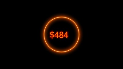 Dollar icon neon bright from $484 orange color illustration. Black background circle orange color frem 4k illustration.