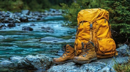Adventure Awaits: Hiking Boots and Backpack by the River