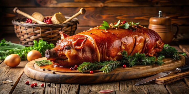 Aromatic lechon asado being carved on a wooden table , festive food