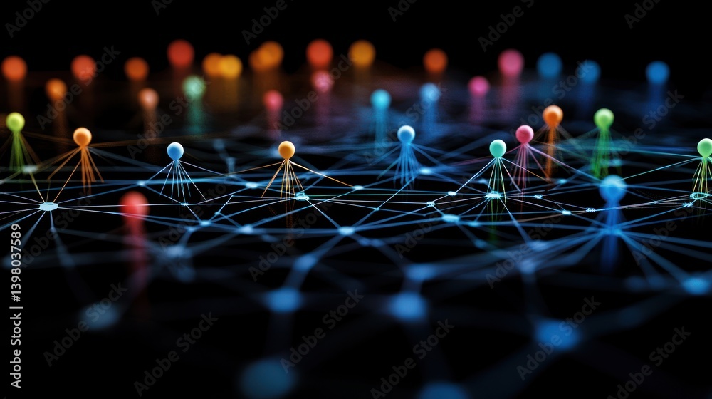 Poster conceptual network illustration with colorful spheres representing nodes connected by lines symboliz