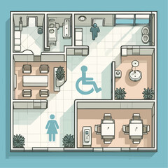 Fototapeta premium Accessible floor plan layout featuring wheelchair symbols and inclusive spaces in modern design 