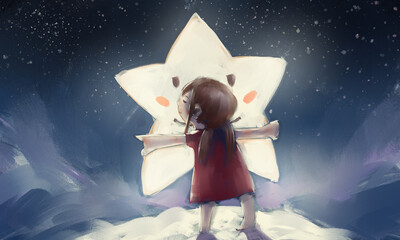 Magical Star and Girl Illustration Set, In the quiet of the night, a little girl follows a star—through dreams, clouds, and glowing skies.