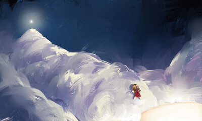 Magical Star and Girl Illustration Set, In the quiet of the night, a little girl follows a star—through dreams, clouds, and glowing skies.