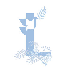 Tender blue peace family monogram. Latin letter L with dove and palm leaves on white background