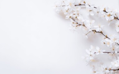 Delicate white flower blooms on a branch, set against a soft white background.