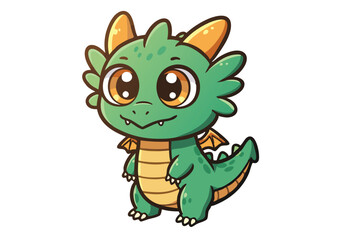 Obraz premium Cute cartoon green baby dragon on white background
