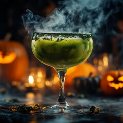 Spooky green cocktail with smoke and Halloween decor