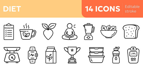 unique diet icons perfect for illustrating healthy eating habits include  list, herbal tea,  beet, meditation, blender, salad bowl, bread slice, scale