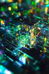 Obraz premium Vibrant Geometric Backdrop with Iridescent Green, Blue, and Purple Cubes Shining in Dynamic Patterns