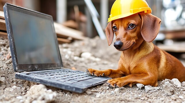 A dachshund wearing a hard hat works on a laptop on a construction site.