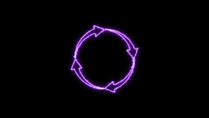 Neon circle arrows purple color 4k illustration. simple round circle recycle bin icon. Black background 4k illustration. 
