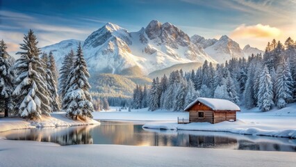 Winter landscape with a small alpine hut surrounded by snow-covered trees and frozen lake in front, frozen lakes, mountain scenery