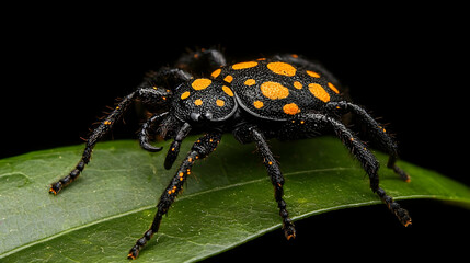 Naklejka premium Closeup Black And Orange Spotted Beetle On Green Leaf