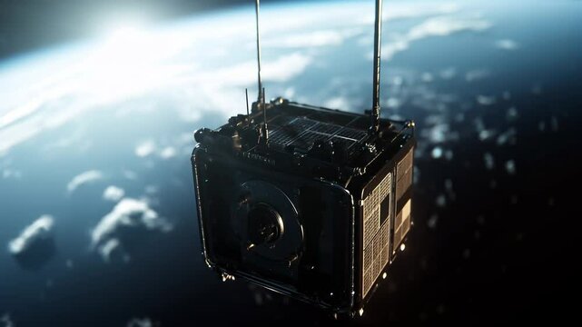 CubeSat Mini-Satellite Floating in Space