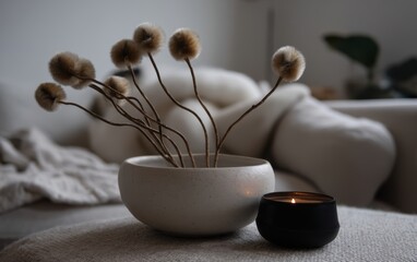 A white vase holds dried plants, adding a touch of nature to the Easter decor.