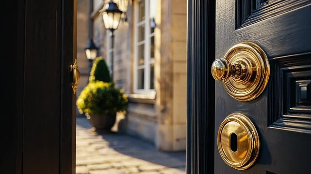 Elegant dark blue door with gold hardware, opening to a sunlit cobblestone street