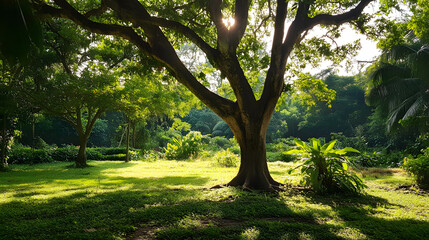 Fototapeta premium Sunlight Filtering Through a Large Tree in a Lush Green Park
