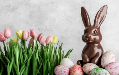 Obraz premium A chocolate bunny beside colorful Easter eggs celebrates the festive spirit of Easter.