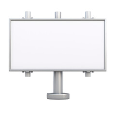 blank white billboard with metallic frame stands on single pole, ready for advertising. simple design is isolated on transparency background, emphasizing its potential for customization