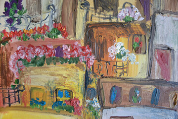 Charming colorful little cottages with windows and blooming balconies. Original painting traditional historical houses outside nobody.