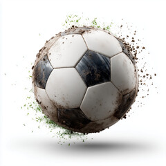 Dynamic soccer ball soaring through the air, surrounded by dirt and grass particles, illustrating a powerful kick during an intense match on a sunny field