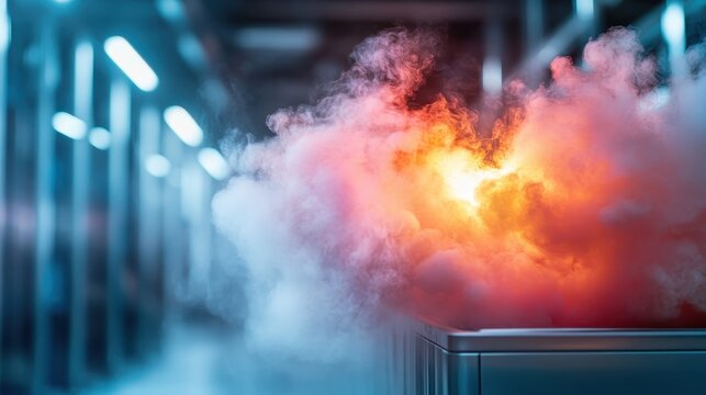 Colorful and dramatic smoke fills the air in a professional kitchen, adding an artistic flair while representing the excitement and energy of culinary creation.