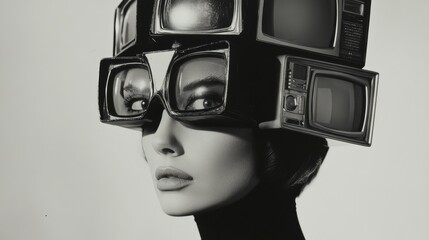 A woman with old TVs stacked on her head.