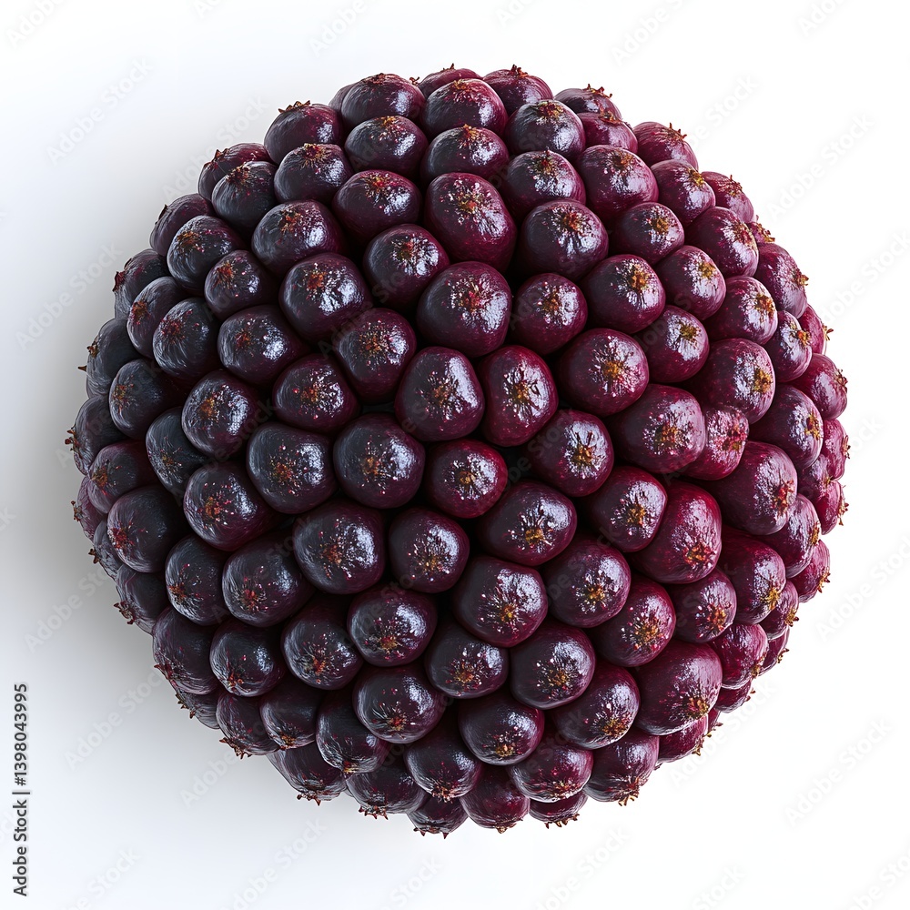 Poster a detailed close-up shot of a spherical cluster of dark purple berries. the image showcases the text