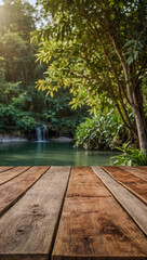 Empty wooden table set against a natural backdrop for product displays.