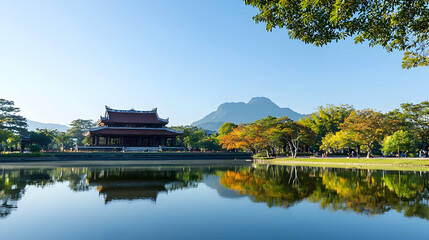 Obraz premium Peaceful Asian Pagoda Reflecting in Calm Lake