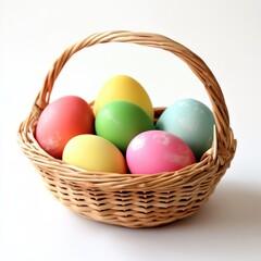 Naklejka premium A basket filled with vibrant eggs sits on a white table, celebrating the joy of Easter.