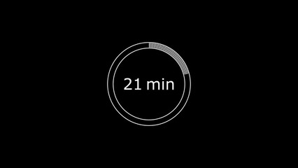 21 minutes, digital countdown timer white color 4k illustration. Black background 4k illustration.
