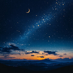 Night sky over mountains with crescent moon and stars