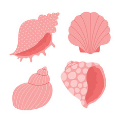 Set of hand drawn seashells in pink colors. Design elements for print, sticker, greeting card and invitation.