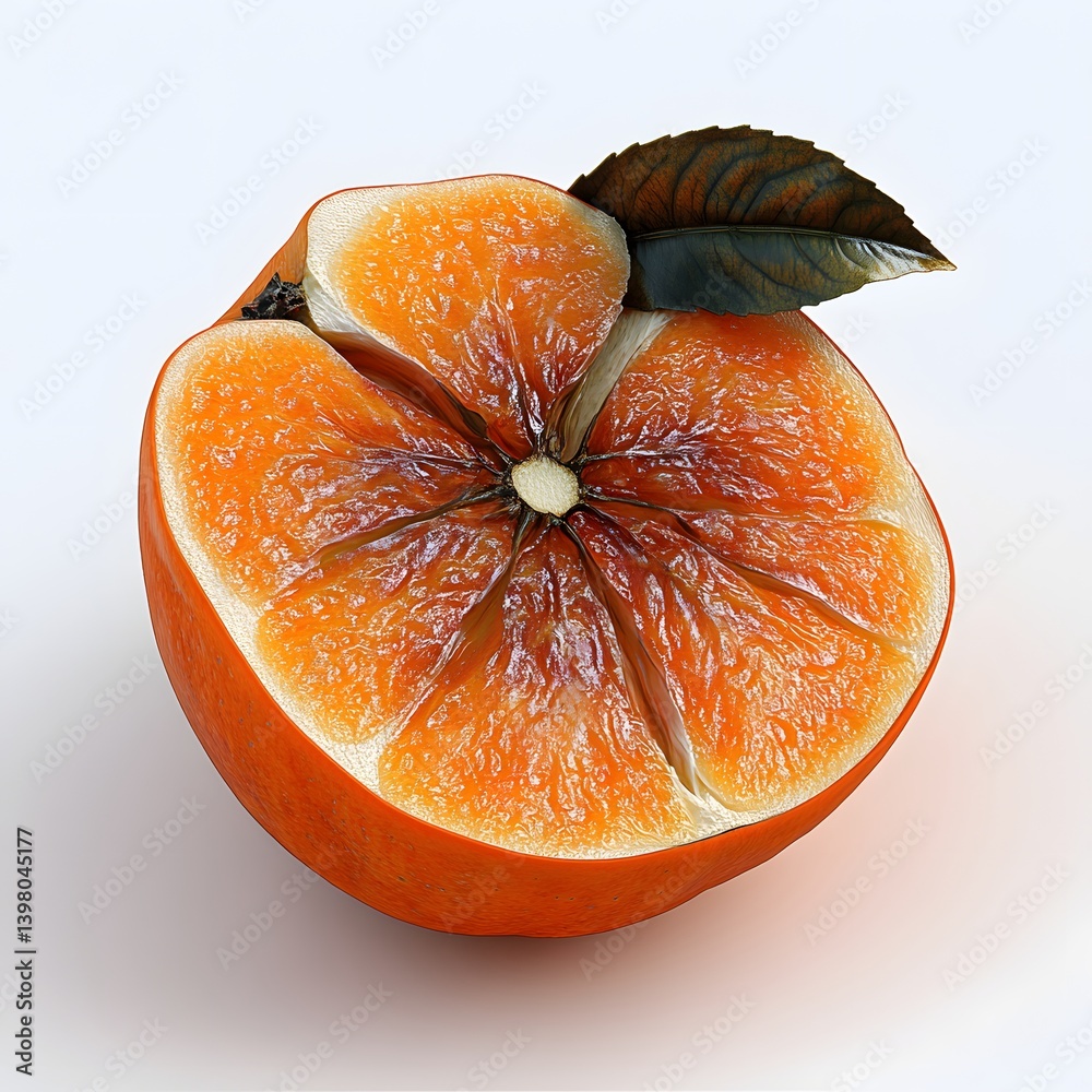Poster close-up of a blood orange cut in half, showing its rich, segmented interior and a leaf. sliced fuyu