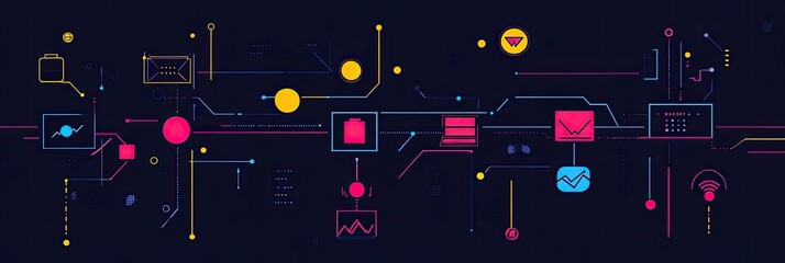 Fototapeta premium An algorithm flowchart with digital icons and analytics graphics