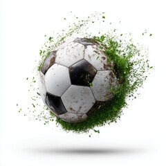 Soccer ball exploding with grass and dirt in mid-air, illustrating dynamic movement and energy in sports