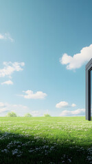 A modern building partially visible on a grassy field under a clear blue sky