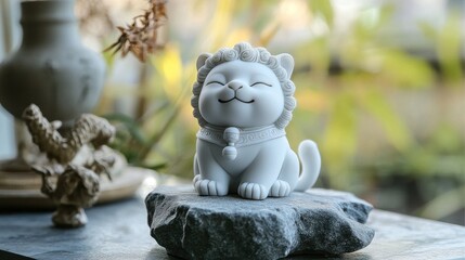 Fototapeta premium A cute white lion figurine sitting on a rock, exuding a cheerful demeanor in a softly lit environment.