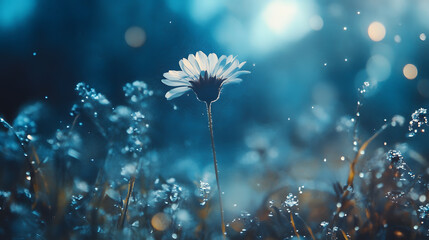 A solitary daisy with dew drops in a field at dusk