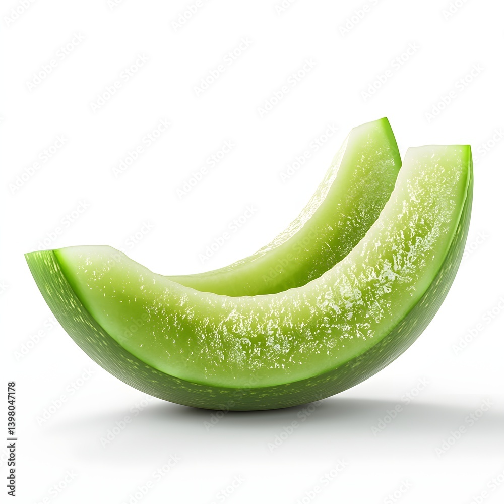 Poster two vibrant green honeydew melon slices, isolated against a pristine white backdrop. a refreshing su