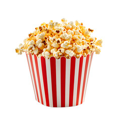 Delicious popcorn in a classic red and white striped container