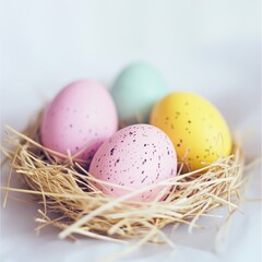 Four colorful eggs nestled in straw on a clean white surface, embodying the spirit of Easter.