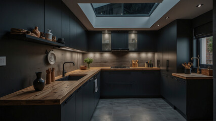 Modern kitchen with skylight and dark cabinets