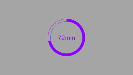 72 minutes, digital countdown timer purple color 4k illustration. Light gray background 4k illustration.