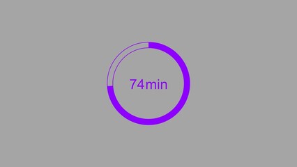 74 minutes, digital countdown timer purple color 4k illustration. Light gray background 4k illustration.